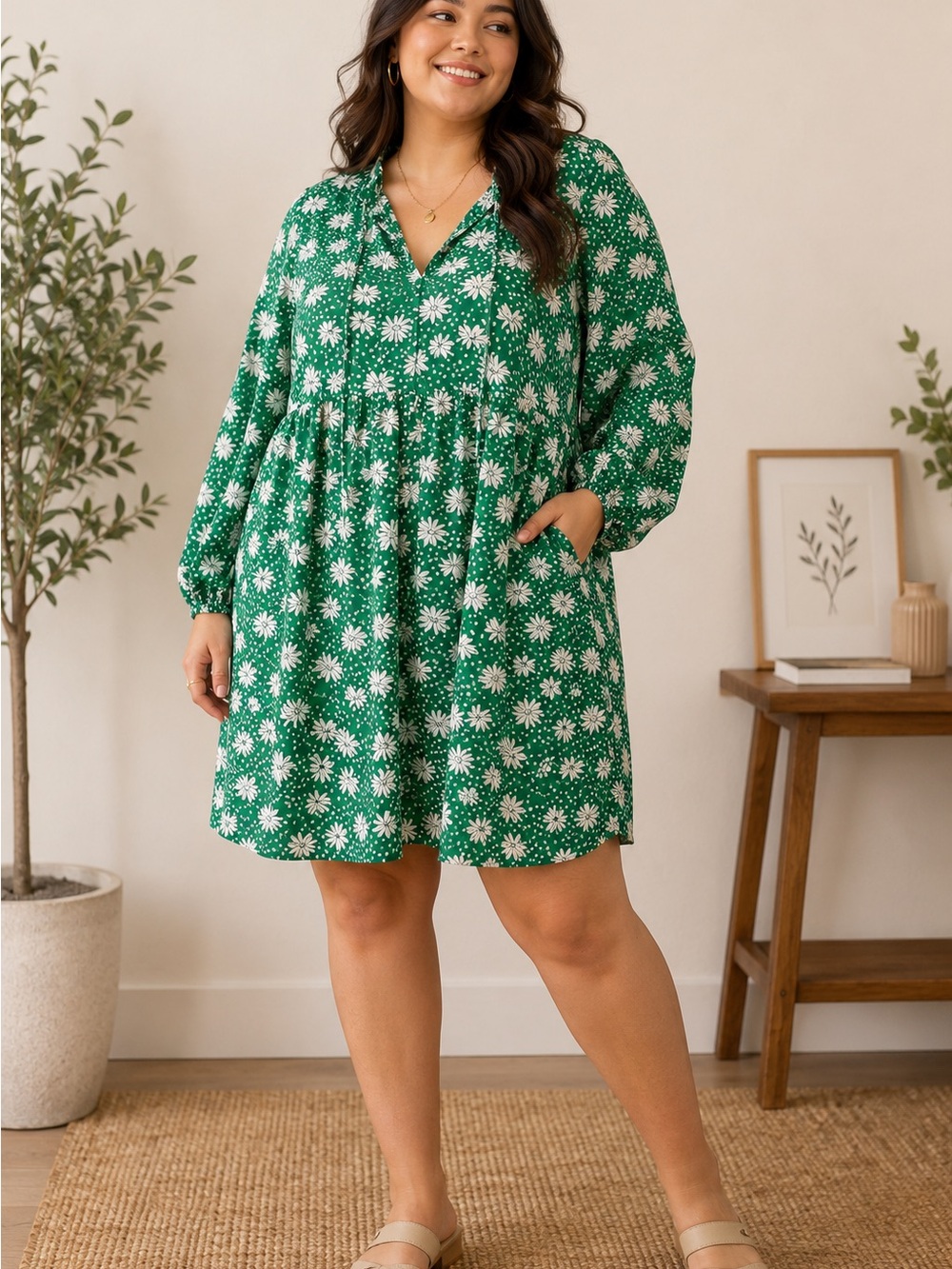 MELLODAY‎ Green Daisy Print V-Neck Mini Dress